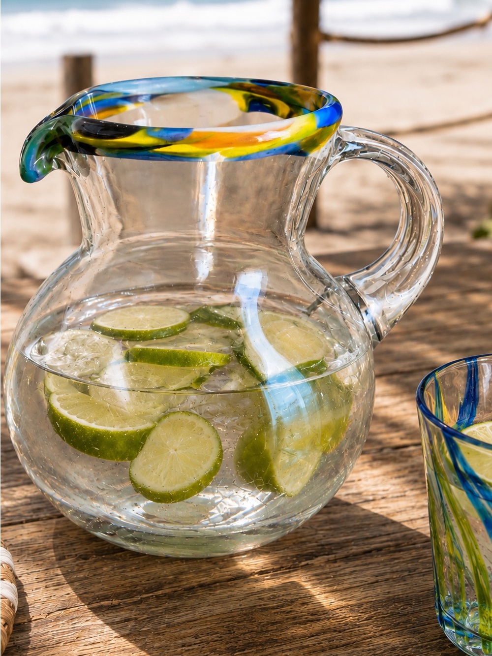 Mexican Recycled Clear Glass Pitcher with Colorful Rim